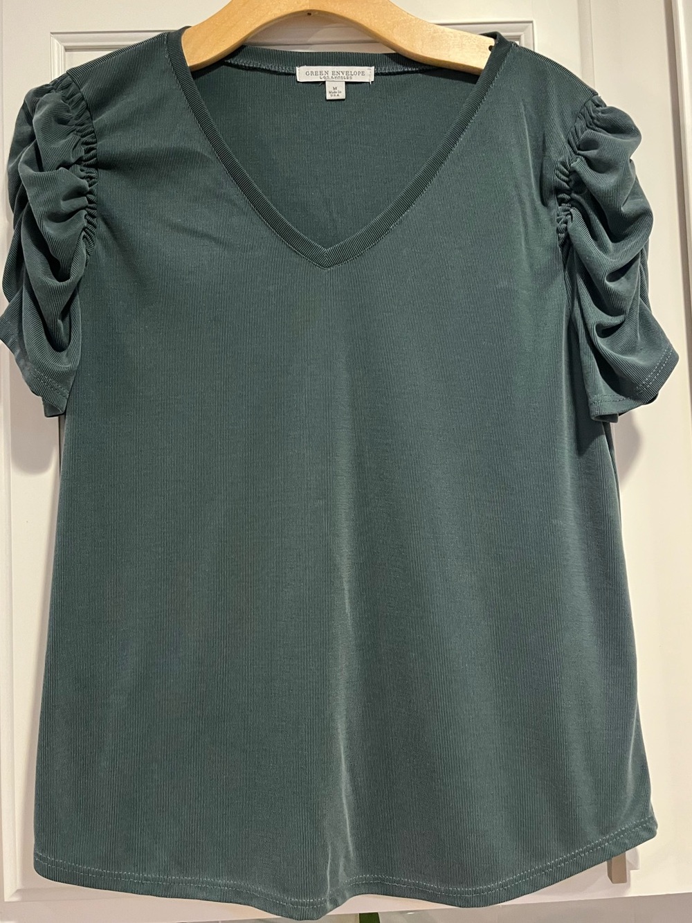 Green Envelope Forest Green Ruched Sleeve V-Neck Tee